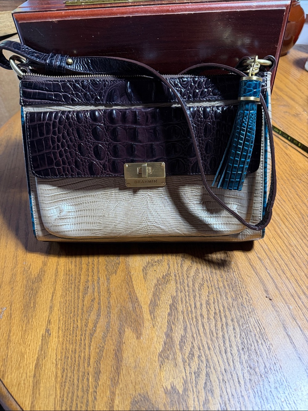 Brahmin Burgundy, Cream & Teal Croc-Embossed Leather Crossbody with Tassel